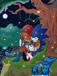 Size: 2000x2666 | Tagged: safe, artist:ink_pants, princess sally acorn (sonic), sonic the hedgehog (sonic), chipmunk, hedgehog, mammal, rodent, anthro, plantigrade anthro, archie sonic the hedgehog, sega, sonic the hedgehog (series), boots, clothes, cuddling, dandelion, duo, eyes closed, female, full moon, happy, high res, hug, male, male/female, moon, night, quills, shipping, shoes, smiling, sneakers, sonally (sonic), sparkles, topwear, tree, vest