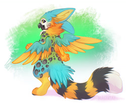 Size: 1280x1045 | Tagged: safe, artist:magenta7, bird, feline, fictional species, gryphon, mammal, semi-anthro, 2021, abstract background, ambiguous gender, beak, big ears, bipedal, black body, black fur, blue body, blue feathers, blue fur, cheek fluff, digital art, ears, feathered wings, feathers, fluff, fur, green eyes, long tail, looking at you, looking back, looking back at you, neck fluff, orange body, orange feathers, orange fur, paws, rear view, ringtail, signature, smiling, solo, solo ambiguous, spotted fur, spread wings, tail, tail feathers, white body, white fur, wings