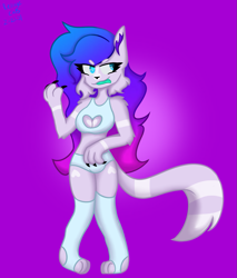 Size: 1311x1536 | Tagged: safe, artist:revenge.cats, oc, oc only, canine, mammal, wolf, anthro, breasts, cheek fluff, claws, clothes, ear fluff, fangs, feet, fluff, fur, gradient hair, hair, heart, heart eyes, intersex, intersex female, legwear, paws, sharp teeth, shoulder fluff, simple background, socks, solo, tail, tail fluff, teal eyes, teeth, thigh highs, tongue, tongue out, wingding eyes