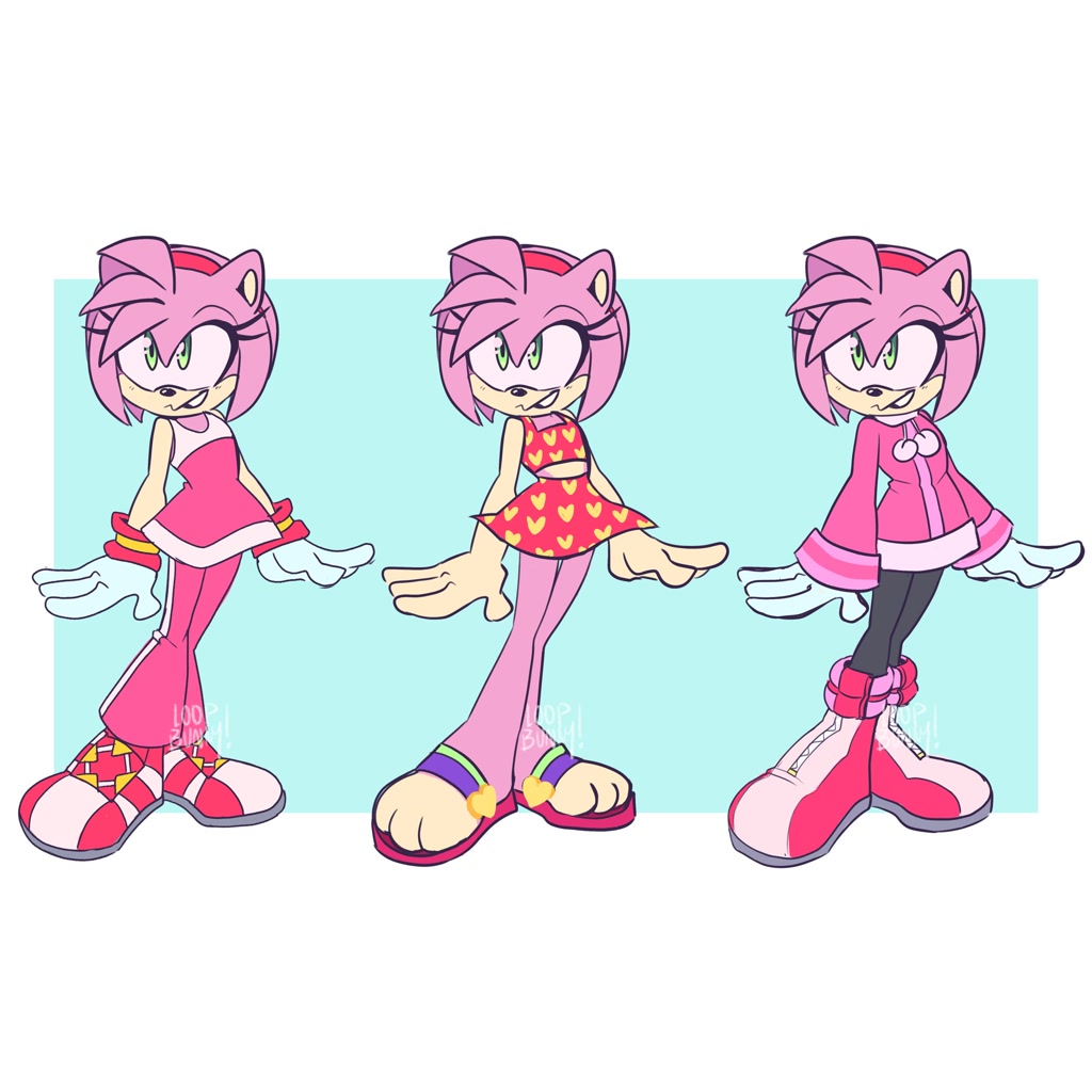 218644 - safe, artist:creamsodabluze, amy rose (sonic), hedgehog, mammal,  anthro, sega, sonic riders, sonic the hedgehog (series), 2023, 4 fingers,  bent over, bottomwear, breasts, cleavage, clothes, english text, eyelashes,  female, green eyes