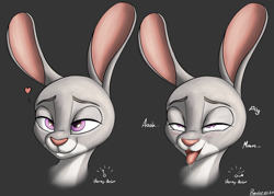 Size: 4000x2858 | Tagged: suggestive, artist:ravirr94, judy hopps (zootopia), lagomorph, mammal, rabbit, anthro, disney, zootopia, 2021, ahegao, bedroom eyes, blushing, bust, english text, eyebrows, eyelashes, eyes rolling back, female, front view, fur, gray background, gray body, gray fur, heart, high res, horny, long ears, love heart, moaning, narrowed eyes, onomatopoeia, open mouth, portrait, purple eyes, saliva, saliva trail, signature, simple background, smiling, solo, solo female, text, three-quarter view, tongue, tongue out, white body, white fur