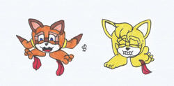 Size: 1280x631 | Tagged: safe, artist:spaton37, marine the raccoon (sonic), zooey the fox (sonic), canine, fictional species, fox, goomba (mario), mammal, monster, procyonid, raccoon, ambiguous form, feral, mario (series), sega, sonic boom (series), sonic rush adventure, sonic the hedgehog (series), 2019, barefoot, crossover, duo, duo female, ears, feather, female, females only, goombafied, not salmon, simple background, sole, tickle torture, tickling, traditional art, wat, white background, wiggling toes