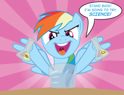 Size: 4292x3277 | Tagged: safe, artist:justablankflank, rainbow dash (mlp), equine, fictional species, mammal, pegasus, pony, feral, friendship is magic, hasbro, my little pony, beaker, caesium, cesium, chemistry, evil grin, feathered wings, feathers, female, flask, grin, high res, imminent explosion, mare, on model, open mouth, periodic table, rubidium, science, smiling, solo, solo female, stand back i'm going to try science, stupid, sunburst background, teeth, this will end in death, this will end in explosions, this will end in pain, tongue, too dumb to live, water, wings