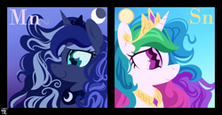Size: 1550x800 | Tagged: dead source, safe, artist:wildberry-poptart, princess celestia (mlp), princess luna (mlp), alicorn, equine, fictional species, mammal, pony, ambiguous form, friendship is magic, hasbro, my little pony, chemistry, chibi, crescent moon, crown, day, duo, duo female, female, females only, horn, jewelry, lidded eyes, manganese, mare, moon, night, periodic table, regalia, royal sisters (mlp), siblings, sister, sisters, smiling, stannum, sun, tin, wingding eyes