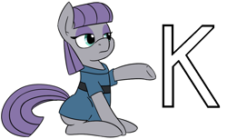 Size: 1007x616 | Tagged: safe, artist:melodicmarzipan, maud pie (mlp), earth pony, equine, fictional species, mammal, pony, feral, friendship is magic, hasbro, my little pony, alphabet, clothes, female, k, mare, simple background, sitting, solo, solo female, tail, white background