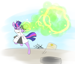 Size: 1216x1041 | Tagged: safe, artist:metal-kitty, twilight sparkle (mlp), equine, fictional species, mammal, pony, unicorn, anthro, unguligrade anthro, fallout, friendship is magic, hasbro, my little pony, 2016, anthrofied, clothes, crossover, female, gamma gun, hooves, horn, lab coat, mare, nuclear, radiation, radioactive, radioactive waste, solo, solo female, tail, tire, toxic waste, wasteland, weapon