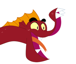 Size: 600x499 | Tagged: safe, artist:queencold, garble (mlp), grim matchstick (cuphead), dragon, fictional species, reptile, scaled dragon, western dragon, ambiguous form, cuphead, friendship is magic, hasbro, my little pony, fangs, forked tongue, freckles, male, on model, open mouth, parody, sharp teeth, simple background, solo, solo male, teeth, tongue, transparent background