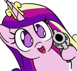 Size: 303x280 | Tagged: safe, artist:jargon scott, princess cadence (mlp), alicorn, equine, fictional species, mammal, pony, ambiguous form, feral, friendship is magic, hasbro, my little pony, aiming, chibi, crown, delet this, eyelashes, female, front view, fur, gun, hair, handgun, holding, hoof hold, hooves, horn, imminent murder, jewelry, looking at you, low res, mane, mare, meme, no pupils, open mouth, open smile, pink body, pink fur, regalia, revolver, simple background, smiling, solo, solo female, this will end in death, this will end in pain, wat, weapon, white background