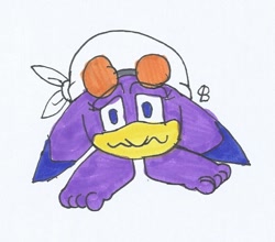 Size: 832x732 | Tagged: safe, artist:spaton37, wave the swallow (sonic), bird, fictional species, goomba (mario), monster, songbird, swallow, ambiguous form, feral, mario (series), sega, sonic riders, sonic the hedgehog (series), 2019, crossover, female, goombafied, not salmon, simple background, solo, solo female, traditional art, wat, white background