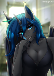 Size: 1500x2100 | Tagged: safe, artist:serodart, oc, oc only, alicorn, equine, fictional species, mammal, pony, anthro, friendship is magic, hasbro, my little pony, 2021, absolute cleavage, anthrofied, bat wings, blue hair, blue mane, blurred background, breasts, cleavage, clothes, commission, ear fluff, fangs, female, fluff, hair, heterochromia, horn, looking at you, mane, mare, sharp teeth, smiling, solo, solo female, teeth, webbed wings, wings