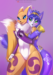 Size: 1200x1700 | Tagged: safe, artist:doomxwolf, krystal (star fox), fictional species, renamon, anthro, digitigrade anthro, digimon, nintendo, star fox, anthro/anthro, black sclera, blue body, blue eyes, blue fur, blue hair, blushing, body markings, chest fluff, clothes, colored sclera, crossover, digital art, duo, duo female, featureless crotch, female, female/female, females only, fluff, fur, green eyes, hair, heart, hug, looking at each other, love, love heart, open mouth, shipping, snuggling, white body, white fur, yellow body, yellow fur