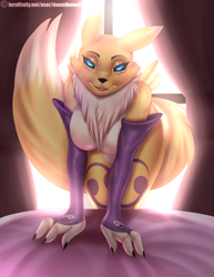Size: 1700x2200 | Tagged: safe, artist:doomxwolf, fictional species, renamon, anthro, digitigrade anthro, digimon, adorasexy, bed, bedroom, bedroom eyes, black sclera, blue eyes, breasts, chest fluff, colored sclera, cute, digital art, ears, featureless breasts, female, fluff, fur, indoors, long tail, looking at you, morning, open mouth, sexy, smiling, smiling at you, solo, solo female, sunshine, tail, white body, white fur, yellow body, yellow fur