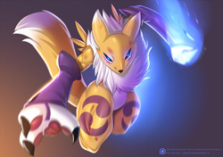 Size: 1700x1200 | Tagged: safe, artist:doomxwolf, fictional species, renamon, anthro, digimon, attacking, big tail, black sclera, blue eyes, body markings, bruised, chest fluff, claws, colored sclera, ears, female, fighting, fluff, fur, glowing, glowing eyes, looking at you, muscles, muscular female, solo, solo female, tail, white body, white fur, yellow body, yellow fur