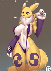 Size: 1250x1750 | Tagged: suggestive, artist:doomxwolf, fictional species, renamon, anthro, digitigrade anthro, digimon, ..., 2019, adorasexy, areola, armwear, belly button, big breasts, big ears, big tail, bikini, black sclera, blue eyes, body markings, breasts, chest fluff, claws, clothes, colored sclera, cute, digital art, ears, eyelashes, facial markings, female, fluff, fur, multicolored fur, nipple outline, paws, sexy, sling bikini, solo, solo female, swimsuit, tail, thick thighs, thighs, two toned body, two toned fur, white body, white fur, yellow body, yellow fur