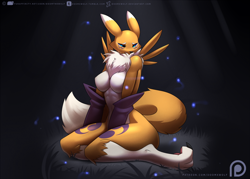 Size: 1750x1250 | Tagged: safe, artist:doomxwolf, fictional species, renamon, anthro, digitigrade anthro, digimon, armwear, big breasts, big ears, black nose, black sclera, blue eyes, body markings, breasts, chest fluff, claws, colored sclera, crying, digital art, ears, eyelashes, eyeshadow, facial markings, featureless breasts, female, fluff, fur, long tail, makeup, multicolored fur, paws, sad, solo, solo female, tail, two toned body, two toned fur, white body, white fur, yellow body, yellow fur