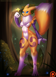 Size: 1150x1600 | Tagged: safe, artist:doomxwolf, arthropod, butterfly, fictional species, insect, renamon, anthro, digitigrade anthro, digimon, armwear, big ears, black nose, black sclera, blue eyes, body markings, breasts, chest fluff, claws, colored sclera, cute, digital art, ears, eyelashes, facial markings, featureless breasts, featureless crotch, female, fluff, forest, fur, glowing, long tail, multicolored fur, paws, solo, solo female, tail, thick thighs, thighs, two toned body, two toned fur, white body, white fur, yellow body, yellow fur