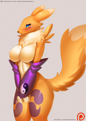 Size: 900x1255 | Tagged: suggestive, alternate version, artist:doomxwolf, fictional species, renamon, anthro, digimon, big breasts, black sclera, blushing, breasts, chest fluff, colored sclera, cute, digital art, ears, featureless breasts, female, fluff, fur, gradient background, shy, solo, solo female, tail, tail fluff, white body, white fur, yellow body, yellow fur