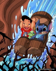 Size: 754x960 | Tagged: safe, artist:brandon kenney, lilo pelekai (lilo & stitch), scrump (lilo & stitch), stitch (lilo & stitch), alien, experiment (lilo & stitch), fictional species, semi-anthro, disney, disney parks, lilo & stitch, splash mountain, 4 fingers, bb-8 (star wars), black eyes, black hair, blue body, blue fur, blue nose, brown eyes, chest fluff, child, duo, duo male and female, female, fluff, fur, hair, head fluff, male, open mouth, open smile, ragdoll, scared, smiling, url, water, young