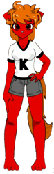 Size: 1678x5375 | Tagged: safe, artist:mrstheartist, oc, oc only, oc:karine, cat, feline, mammal, anthro, plantigrade anthro, :3, bottomwear, bright colors, clothes, colored tail, curled hair, female, fur, hair, long tail, red body, red eyes, red fur, shorts, smiling, solo, solo female, tail