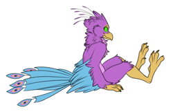 Size: 1498x970 | Tagged: safe, artist:keihound, oc, oc only, oc:gyro feather, oc:gyro feather (bird), bird, galliform, peafowl, anthro, beak, bird feet, bird hands, cheek fluff, chest fluff, claws, feathered wings, feathers, fluff, green eyes, male, nostrils, nudity, pink body, purple body, sitting, solo, solo male, tail, tail feathers, wings, yellow body