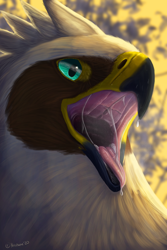 Size: 1800x2700 | Tagged: suggestive, artist:nemane, oc, oc only, oc:serilde, bird, bird of prey, eagle, feline, fictional species, gryphon, mammal, spanish imperial eagle, feral, beak, brown feathers, bust, eagle gryphon, feathered wings, feathers, female, green eyes, mawshot, open mouth, saliva, solo, solo female, wings
