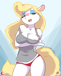 Size: 600x742 | Tagged: suggestive, artist:furboz, minerva mink (animaniacs), mammal, mink, mustelid, anthro, animaniacs, cc by-nc-nd, creative commons, warner brothers, breasts, clothes, female, nipple slip, panties, shirt, solo, solo female, topwear, underwear, wardrobe malfunction