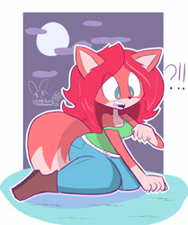 Size: 1280x1531 | Tagged: safe, artist:usagibun1, zoologist (terraria), canine, fox, mammal, anthro, terraria, 2020, anthrofied, boots, bottomwear, clothes, female, pants, shirt, shoes, signature, sitting, solo, solo female, tail, tail growth, topwear, transformation, vixen, werefox