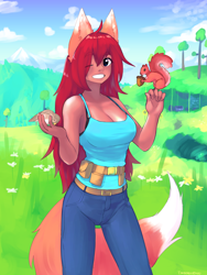Size: 2260x3000 | Tagged: safe, artist:theborealyoako, zoologist (terraria), animal humanoid, bird, canine, fictional species, fox, mammal, rodent, squirrel, humanoid, terraria, 2020, boots, clothes, female, grass, hair, high res, jeans, looking at you, one eye closed, pants, red hair, shoes, signature, smiling, solo, solo female, tail