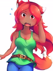 Size: 3072x4096 | Tagged: safe, artist:lenalia37, zoologist (terraria), animal humanoid, canine, fictional species, fox, mammal, humanoid, terraria, 2020, clothes, female, hair, high res, jeans, looking at you, open mouth, pants, red hair, shoes, simple background, solo, solo female, tail, white background