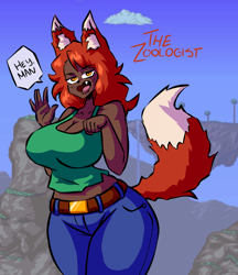 Size: 1170x1356 | Tagged: safe, artist:cerbiz, zoologist (terraria), animal humanoid, canine, fictional species, fox, mammal, humanoid, terraria, 2020, big breasts, bottomwear, breasts, clothes, female, hair, jeans, looking at you, open mouth, pants, red hair, simple background, solo, solo female, tail