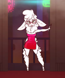 Size: 1873x2247 | Tagged: safe, artist:scorpdk, dawn bellwether (zootopia), bovid, caprine, domestic sheep, mammal, sheep, anthro, disney, zootopia, breasts, cleavage, clothes, eyelashes, eyewear, female, fur, glasses, green eyes, looking at you, open mouth, shortstack, solo, solo female, white body, white fur, wool