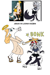 Size: 800x1200 | Tagged: artist needed, source needed, safe, jesus (judas and jesus), loona (vivzmind), angel, bovid, canine, caprine, fictional species, hellhound, mammal, sheep, anthro, digitigrade anthro, plantigrade anthro, hazbin hotel, helluva boss, judas and jesus, bonk, clothes, crop top, cross, crossover, duo, duo male and female, female, fur, halo, male, sandals, shoes, topwear, wat, white body, white fur