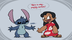 Size: 800x450 | Tagged: safe, artist:riorosa, lilo pelekai (lilo & stitch), stitch (lilo & stitch), alien, experiment (lilo & stitch), fictional species, human, mammal, semi-anthro, cc by-nc-nd, creative commons, disney, lilo & stitch, 4 fingers, 5 fingers, abstract background, big ears, black eyes, black hair, blue body, blue fur, blue nose, blush sticker, brown eyes, brown skin, chest fluff, child, claws, clothes, dialogue, digital art, duo, duo male and female, ears, english text, female, flat colors, fluff, fur, hair, hands, head fluff, male, muumuu, open mouth, open smile, sandals, shoes, smiling, standing, talking, torn ear, young