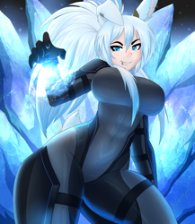 Size: 2600x3000 | Tagged: safe, artist:xaenyth, oc, oc only, oc:nova (midnightsonata), animal humanoid, fictional species, jackalope, lagomorph, mammal, humanoid, 2020, big breasts, blue eyes, breasts, clothes, commission, detailed background, ear fluff, ear piercing, earring, female, floppy ears, fluff, gloves, hair, high res, ice, long hair, looking at you, piercing, skin, skintight, smirk, solo, solo female, suit, tail, tan skin, white hair, winter
