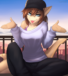 Size: 2700x3000 | Tagged: safe, artist:xaenyth, oc, oc only, oc:alexandra (jwsoap), fish, shark, anthro, 2020, bottomwear, breasts, cap, clothes, commission, female, fins, fish tail, hat, high res, looking at you, pants, shark tail, shirt, shrug, sitting, solo, solo female, tail, tongue, tongue out, topwear