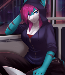 Size: 2600x3000 | Tagged: safe, artist:xaenyth, oc, oc only, fish, shark, anthro, 2020, bottomwear, breasts, cleavage, clothes, commission, female, fins, fish tail, frowning, high res, hoodie, looking at you, pants, shark tail, solo, solo female, tail, topwear