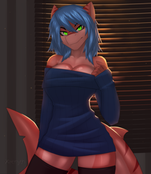 Size: 2600x3000 | Tagged: safe, artist:xaenyth, oc, oc only, oc:skye farraige (alexander_phaux), fish, shark, anthro, 2020, big breasts, blue hair, breasts, clothes, commission, female, fins, fish tail, green eyes, hair, high res, looking at you, shark tail, shirt, smiling, solo, solo female, sweater, tail, thick thighs, thighs, topwear