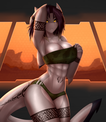 Size: 2600x3000 | Tagged: suggestive, artist:xaenyth, oc, oc only, oc:laguna silverjaw (kamikazeotium), fish, shark, anthro, 2021, abs, abstract background, arms behind head, belly button, big breasts, breasts, cleavage, clothes, commission, female, fins, fish tail, high res, lingerie, looking at you, midriff, muscles, shark tail, solo, solo female, tail, tattoo, underwear, yellow eyes