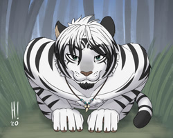 Size: 1280x1024 | Tagged: safe, artist:heresyart, oc, oc only, oc:harry campbell (heresyart), big cat, feline, mammal, tiger, anthro, 2020, :3, black hair, cheek fluff, chest fluff, crouching, detailed background, ear fluff, fluff, fur, grass, hair, jewelry, looking at you, male, multicolored hair, necklace, ringtail, short hair, shoulder fluff, smiling, solo, solo male, striped fur, tail, teal eyes, two toned hair, white body, white fur, white hair, white tiger
