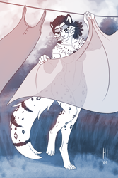 Size: 854x1280 | Tagged: safe, artist:heresyart, adira (twokinds), big cat, feline, fictional species, keidran, mammal, snow leopard, anthro, digitigrade anthro, twokinds, 2020, 4 toes, belly button, black hair, breasts, casual nudity, cheek fluff, chest fluff, complete nudity, detailed background, ear fluff, elbow fluff, eyebrows, eyelashes, featureless breasts, featureless crotch, female, fluff, fur, hair, hip fluff, holding object, laundry, leg fluff, nudity, outdoors, sheet grab, sheets, short hair, shoulder fluff, signature, solo, solo female, spots, spotted fur, spotted tail, standing, tail, tail fluff, white body, white fur
