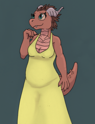 Size: 1173x1518 | Tagged: safe, artist:kuroneko, oc, oc:miss tribi, fictional species, kobold, reptile, anthro, 2d, cute, digital art, female, horns, raised tail, simple background, slightly chubby, solo, solo female, tail