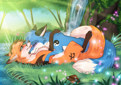 Size: 1538x1087 | Tagged: safe, artist:rukifox, oc, oc only, oc:koro, oc:yato, arthropod, canine, firefly, fox, insect, mammal, red fox, feral, 2d, blushing, claws, commission, cuddling, duo, duo male, eyes closed, grass, hug, lake, licking, male, male/male, males only, mushroom, on top, paws, scenery, shipping, signature, tongue, tongue out, water, waterfall