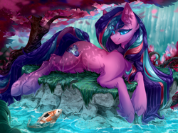 Size: 4700x3525 | Tagged: safe, artist:rico_chan, oc, oc only, oc:serenity pond, carp, earth pony, equine, fictional species, fish, koi, mammal, pony, feral, hasbro, my little pony, absurd resolution, ambient wildlife, cherry blossoms, collar, commission, cutie mark, ear fluff, eyebrow through hair, eyebrows, female, flower, flower blossom, fluff, fur, hair, hooves, long hair, lying down, mare, pink body, pink fur, smiling, solo, solo female, stone, tree, unshorn fetlocks, water, waterfall, ych result