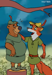 Size: 1209x1729 | Tagged: safe, artist:sweetoken, little john (robin hood), robin hood (robin hood), bear, canine, fox, mammal, anthro, disney, robin hood (disney), brown body, brown fur, clothes, duo, duo male, fat, feather, fur, hat, height reduction, male, males only, orange body, orange fur, overweight, size difference, white body, white fur