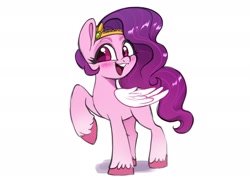 Size: 2657x1909 | Tagged: safe, artist:techycutie, pipp petals (mlp), equine, fictional species, mammal, pegasus, pony, feral, hasbro, my little pony, my little pony g5, spoiler, spoiler:my little pony g5, 2021, clothes, feathered wings, feathers, female, folded wings, happy, headband, high res, hooves, mare, one hoof raised, open mouth, pink body, raised hoof, simple background, solo, solo female, speculation, tail, unshorn fetlocks, white background, white wings, wings