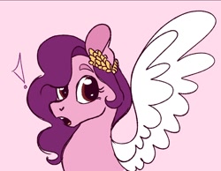 Size: 1042x809 | Tagged: safe, artist:woollily, pipp petals (mlp), equine, fictional species, mammal, pegasus, pony, feral, hasbro, my little pony, my little pony g5, spoiler, spoiler:my little pony g5, 2021, bust, feathered wings, feathers, female, mare, open mouth, pink background, pink body, red eyes, simple background, solo, solo female, speculation, white wings, wings