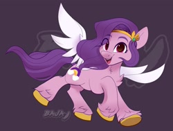 Size: 2857x2160 | Tagged: safe, artist:bajagryphon, pipp petals (mlp), equine, fictional species, mammal, pegasus, pony, feral, hasbro, my little pony, my little pony g5, spoiler, spoiler:my little pony g5, 2021, chest fluff, feathered wings, feathers, female, fluff, happy, high res, hooves, mare, open mouth, signature, simple background, solo, solo female, speculation, tail, unshorn fetlocks, white wings, wings