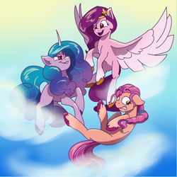Size: 978x978 | Tagged: safe, artist:mushroomdoggo, izzy moonbow (mlp), pipp petals (mlp), sunny starscout (mlp), earth pony, equine, fictional species, mammal, pegasus, pony, unicorn, feral, hasbro, my little pony, my little pony g5, spoiler, spoiler:my little pony g5, 2021, cloud, feathered wings, feathers, female, females only, flying, happy, horn, looking at each other, mare, open mouth, smiling, speculation, spread wings, tail, trio, trio female, wings, worried