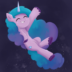 Size: 1800x1800 | Tagged: safe, artist:biocrine, izzy moonbow (mlp), equine, fictional species, mammal, pony, unicorn, feral, hasbro, my little pony, my little pony g5, spoiler, spoiler:my little pony g5, 2021, eyes closed, female, gradient mane, hooves, horn, mare, simple background, smiling, solo, solo female, speculation, tail, unshorn fetlocks