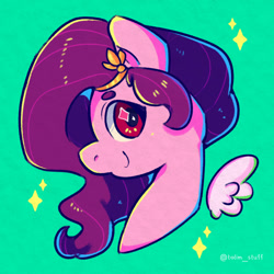 Size: 1500x1500 | Tagged: safe, artist:talim_stuff, pipp petals (mlp), equine, fictional species, mammal, pegasus, pony, feral, hasbro, my little pony, my little pony g5, spoiler, spoiler:my little pony g5, 2021, bust, female, icon, mare, red eyes, simple background, solo, solo female, sparkles, speculation